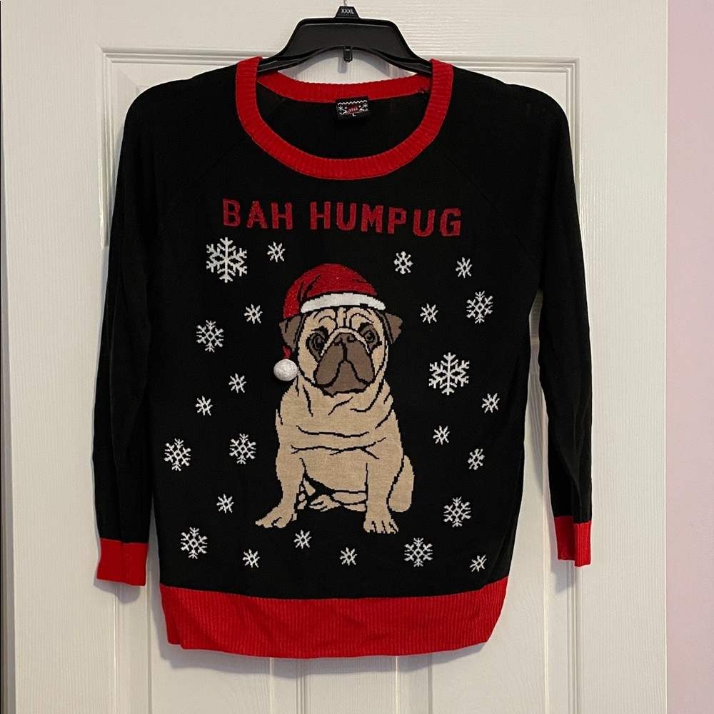 Well Worn Black and Red Pug Sweater